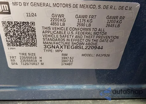 2025 Chevrolet Equinox Awd Rs z USA, uszkodzony, nr VIN 3GNAXTEG8SL220944